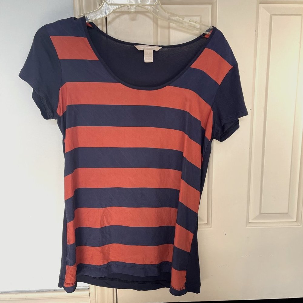 Coral and Navy Blue Striped Banana Republic Silk/Pima Cotton Blouse